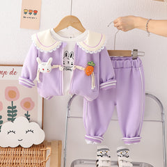 RM231223-6   طقم بناتي قطني تقيل خريفي شتوي مزين بجي 3 قطع ( بلوزة + جكيت + بنطلون)