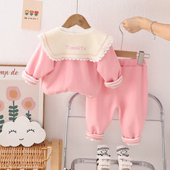 RM231223-6   طقم بناتي قطني تقيل خريفي شتوي مزين بجي 3 قطع ( بلوزة + جكيت + بنطلون)