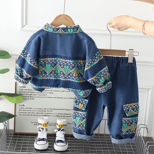 RM231223-7 طقم جينز ولادي 3 قطع ( بلوزة قطنية + جكيت جينز + بنطلون جينز )