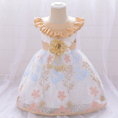 SD-2679G فستان بناتي طبقات مورد ومطرز على الشفون مع دبوس وردة للخصر