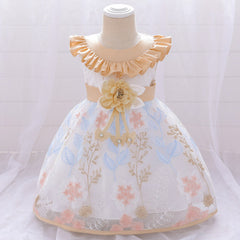 SD-2679G فستان بناتي طبقات مورد ومطرز على الشفون مع دبوس وردة للخصر