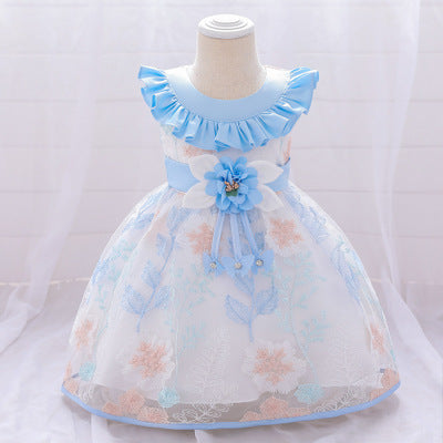 SD-2679G فستان بناتي طبقات مورد ومطرز على الشفون مع دبوس وردة للخصر