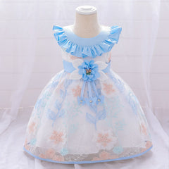 SD-2679G فستان بناتي طبقات مورد ومطرز على الشفون مع دبوس وردة للخصر