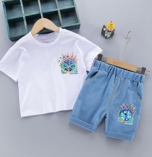 SS-2264B طقم ولادي جينز قطعتين ( بلوزة قطنية + شورت جينز )