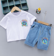 SS-2264B طقم ولادي جينز قطعتين ( بلوزة قطنية + شورت جينز )