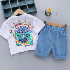 SS-2264B طقم ولادي جينز قطعتين ( بلوزة قطنية + شورت جينز )