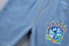 SS-2264B طقم ولادي جينز قطعتين ( بلوزة قطنية + شورت جينز )