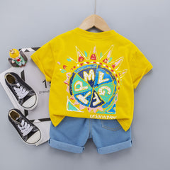 SS-2264B طقم ولادي جينز قطعتين ( بلوزة قطنية + شورت جينز )