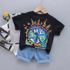 SS-2264B طقم ولادي جينز قطعتين ( بلوزة قطنية + شورت جينز )