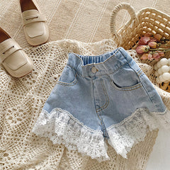 SSP-1441G طقم قطعتين ( بلوزة + شورت جينز ) مزين بالدانتيل