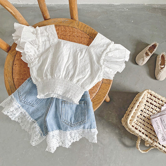 SSP-1441G طقم قطعتين ( بلوزة + شورت جينز ) مزين بالدانتيل