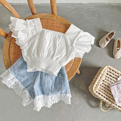 SSP-1441G طقم قطعتين ( بلوزة + شورت جينز ) مزين بالدانتيل