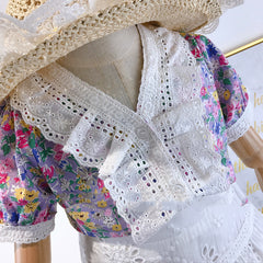 SSP-1475G طقم بناتي قطعتين ( قميص مورد ومزين بالدانتيل + تنورة )