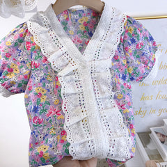 SSP-1475G طقم بناتي قطعتين ( قميص مورد ومزين بالدانتيل + تنورة )