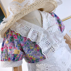 SSP-1475G طقم بناتي قطعتين ( قميص مورد ومزين بالدانتيل + تنورة )