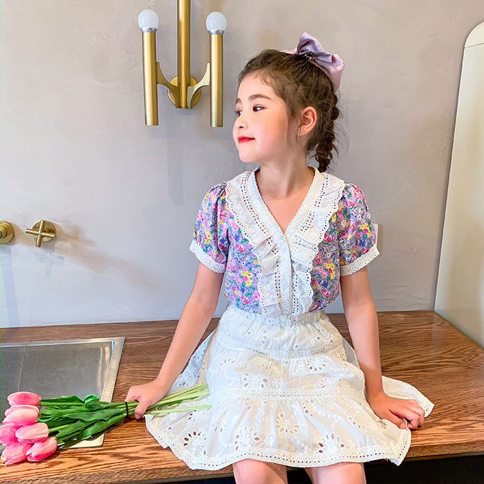 SSP-1475G طقم بناتي قطعتين ( قميص مورد ومزين بالدانتيل + تنورة )