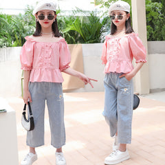 SSP-1631G طقم جينز بجي قطعتين قميص زهر و بنطلون جينز ناعم ومطرز