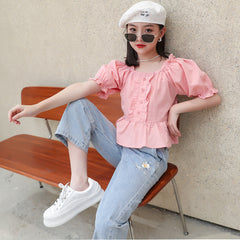 SSP-1631G طقم جينز بجي قطعتين قميص زهر و بنطلون جينز ناعم ومطرز