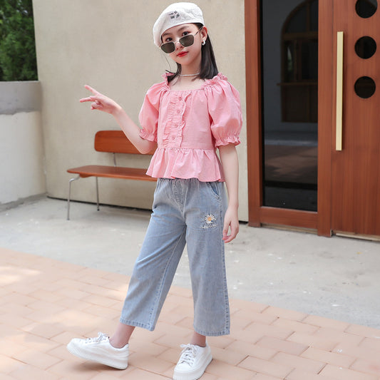 SSP-1631G طقم جينز بجي قطعتين قميص زهر و بنطلون جينز ناعم ومطرز