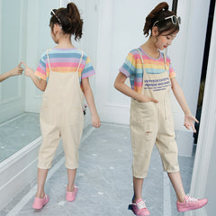 SSP-623G  طقم بناتي قطعتين ( بلوزة قطن + أفرهول كتان ناعم )