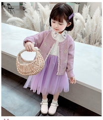 AO0519-125 فستان بناتي كم مع جكيت صوف مطرز