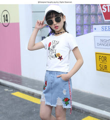 SSK-051G طقم بناتي قطعتين ( بلوزة قطنية + تنورة جينز )