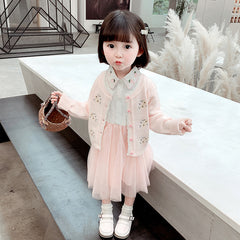 AO0519-125 فستان بناتي كم مع جكيت صوف مطرز