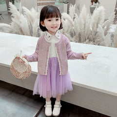 AO0519-125 فستان بناتي كم مع جكيت صوف مطرز