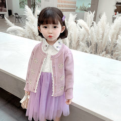 AO0519-125 فستان بناتي كم مع جكيت صوف مطرز