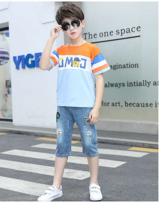 SS-2359B طقم قطعتين بلوزة قطنية + بنطلون جينز شورت طويل