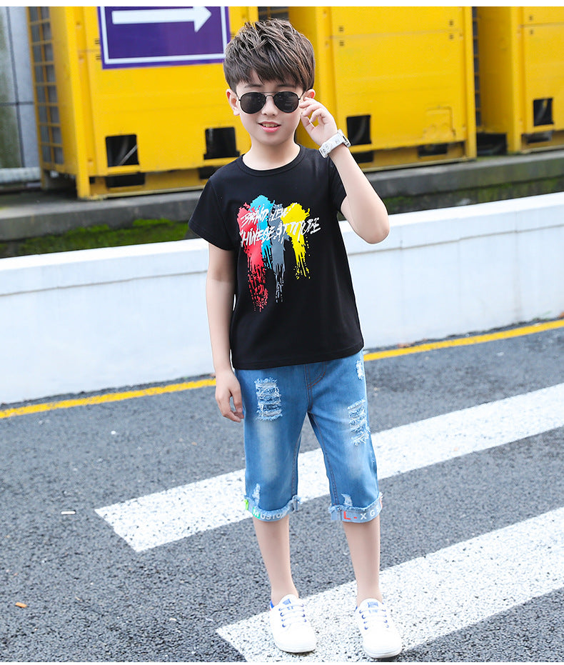 AO1128-105 طقم جينز قطعتين ( بلوزة قطنية + شورت جينز )