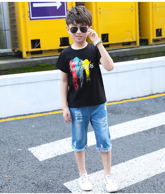 AO1128-105 طقم جينز قطعتين ( بلوزة قطنية + شورت جينز )