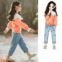 AO0519-33 طقم جينز بناتي ( بلوزة بقبة + بنطلون جينز مرسم)