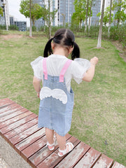 AO0402-75 فستان جينز + بلوزة بيضا كمام نفخ