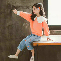 AO0519-33 طقم جينز بناتي ( بلوزة بقبة + بنطلون جينز مرسم)