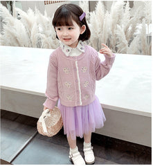 AO0519-125 فستان بناتي كم مع جكيت صوف مطرز