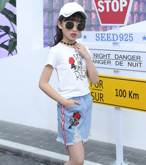 SSK-051G طقم بناتي قطعتين ( بلوزة قطنية + تنورة جينز )