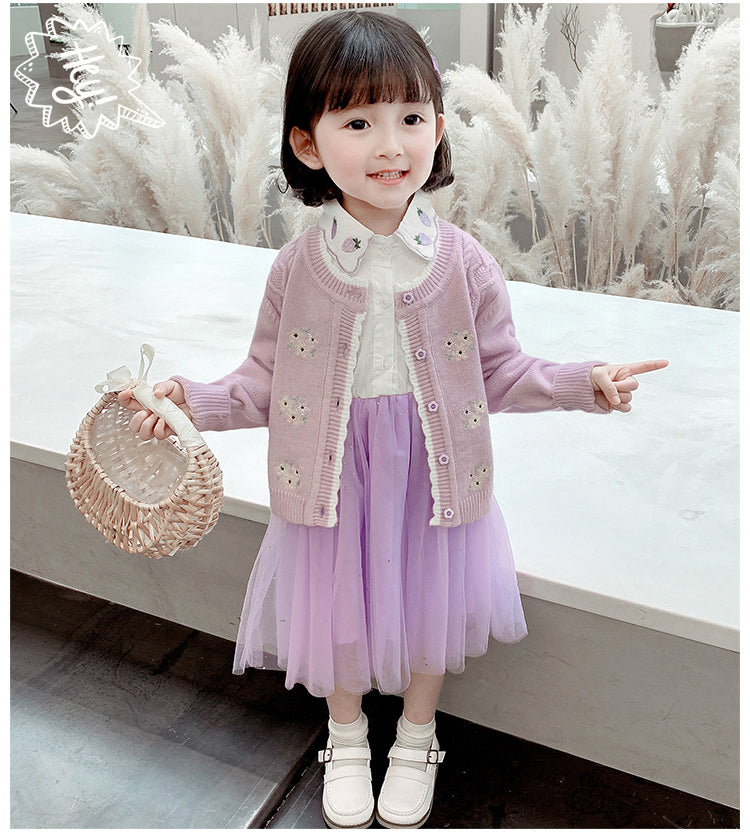 AO0519-125 فستان بناتي كم مع جكيت صوف مطرز