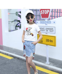 SSK-051G طقم بناتي قطعتين ( بلوزة قطنية + تنورة جينز )