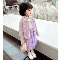 AO0519-125 فستان بناتي كم مع جكيت صوف مطرز