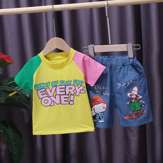 AO1204- 30 طقم جينز بناتي قطعتين ( بلوزة قطنية + شورت جينز )