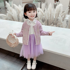 AO0519-125 فستان بناتي كم مع جكيت صوف مطرز