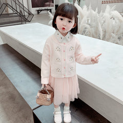 AO0519-125 فستان بناتي كم مع جكيت صوف مطرز