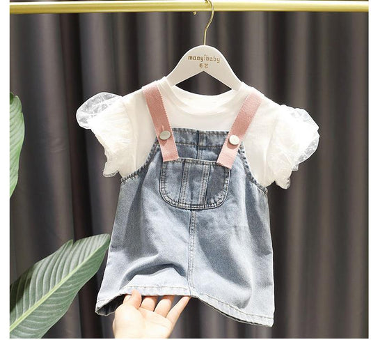 AO0402-75 فستان جينز + بلوزة بيضا كمام نفخ