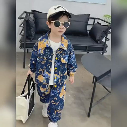 RM1227-17 طقم جينز برسومات مميزة بجي قطعتين ( جكيت + بنطلون)