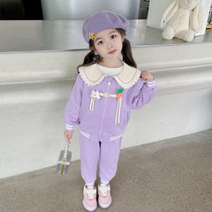 RM231223-6   طقم بناتي قطني تقيل خريفي شتوي مزين بجي 3 قطع ( بلوزة + جكيت + بنطلون)