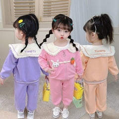 RM231223-6   طقم بناتي قطني تقيل خريفي شتوي مزين بجي 3 قطع ( بلوزة + جكيت + بنطلون)