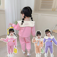 RM231223-6   طقم بناتي قطني تقيل خريفي شتوي مزين بجي 3 قطع ( بلوزة + جكيت + بنطلون)