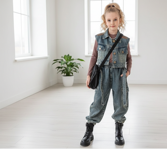 RM171223-4 طقم جينز خريفي 3 قطع ( بلوزة + فست جينز + بنطلون )