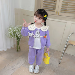 RM231223-6   طقم بناتي قطني تقيل خريفي شتوي مزين بجي 3 قطع ( بلوزة + جكيت + بنطلون)